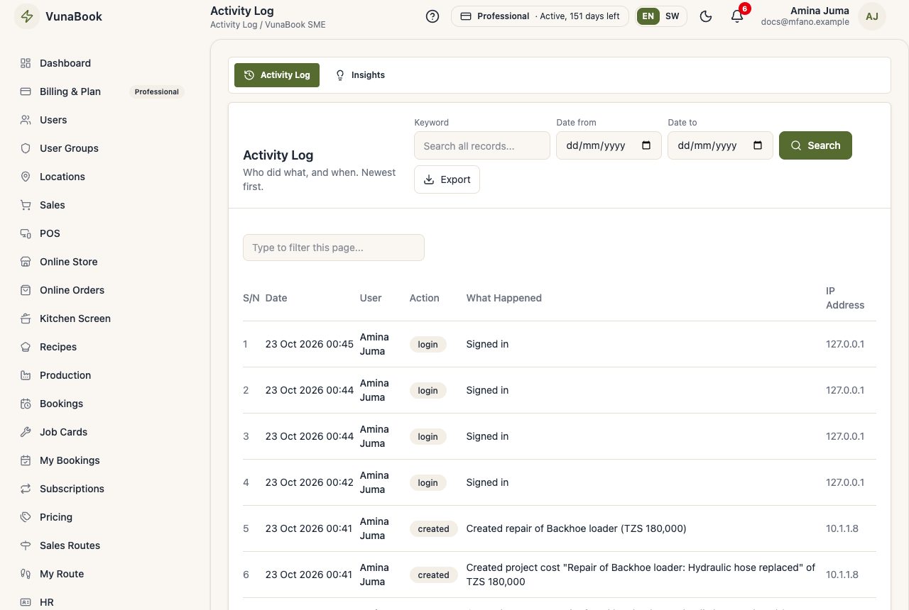 Activity log